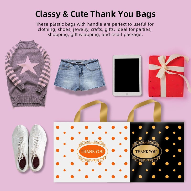 MelonArt Thank You Bags for Small Business, 100 Pack Plastic Shopping Boutique Bags Retail Merchandise Bags Bulk with Handles 12"x15", Reusable Product Bags 3.1Mil for Customers, Party Favor (Black & White) - Image 2
